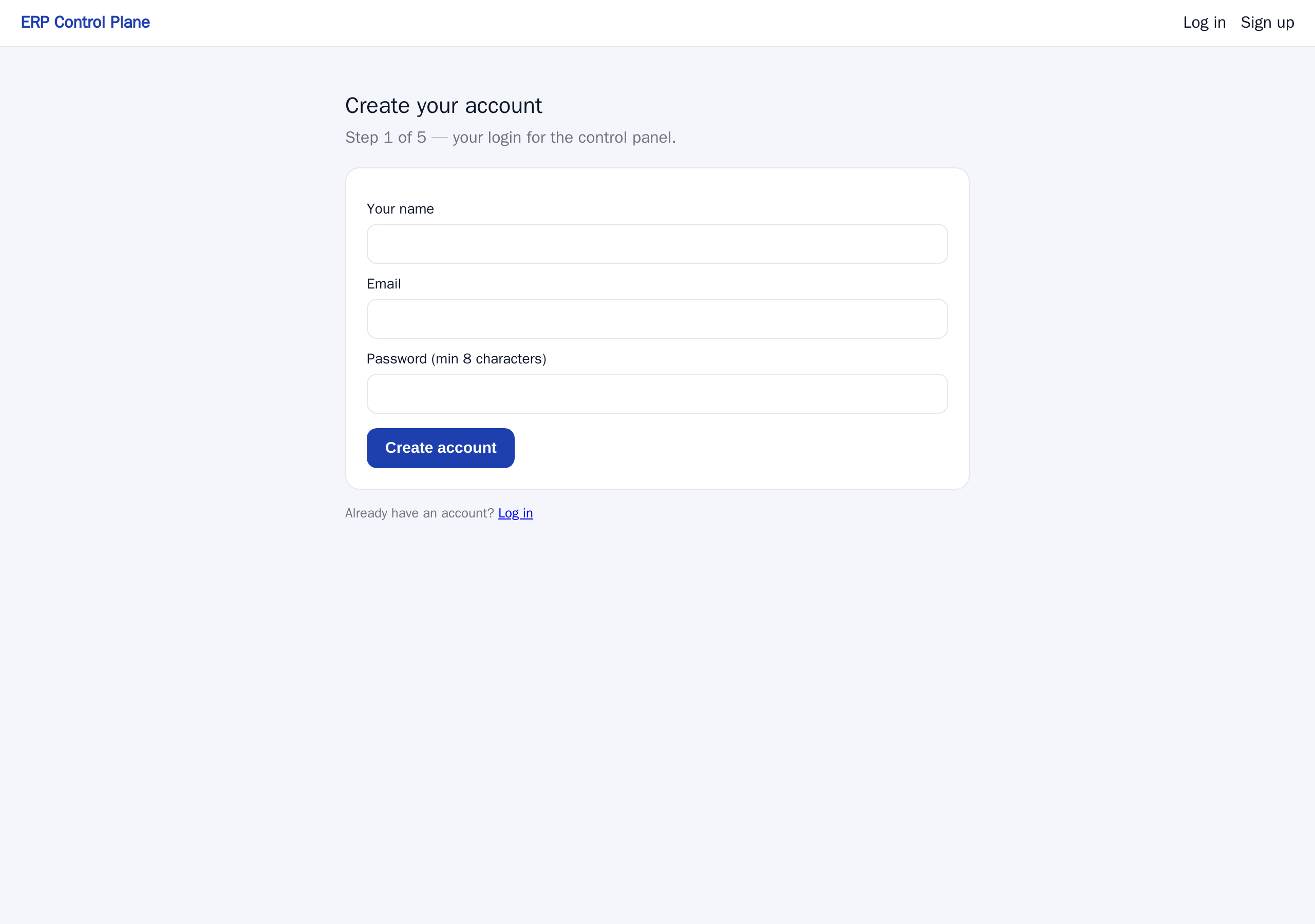 The Create your account page on the control panel at app.nezmaro.com.
