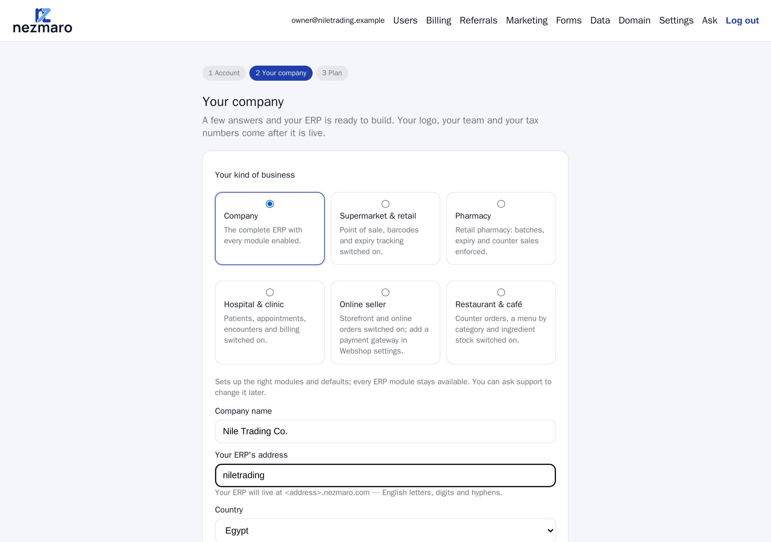 The Your company screen: kind of business, company name, the address of your ERP, country and language.