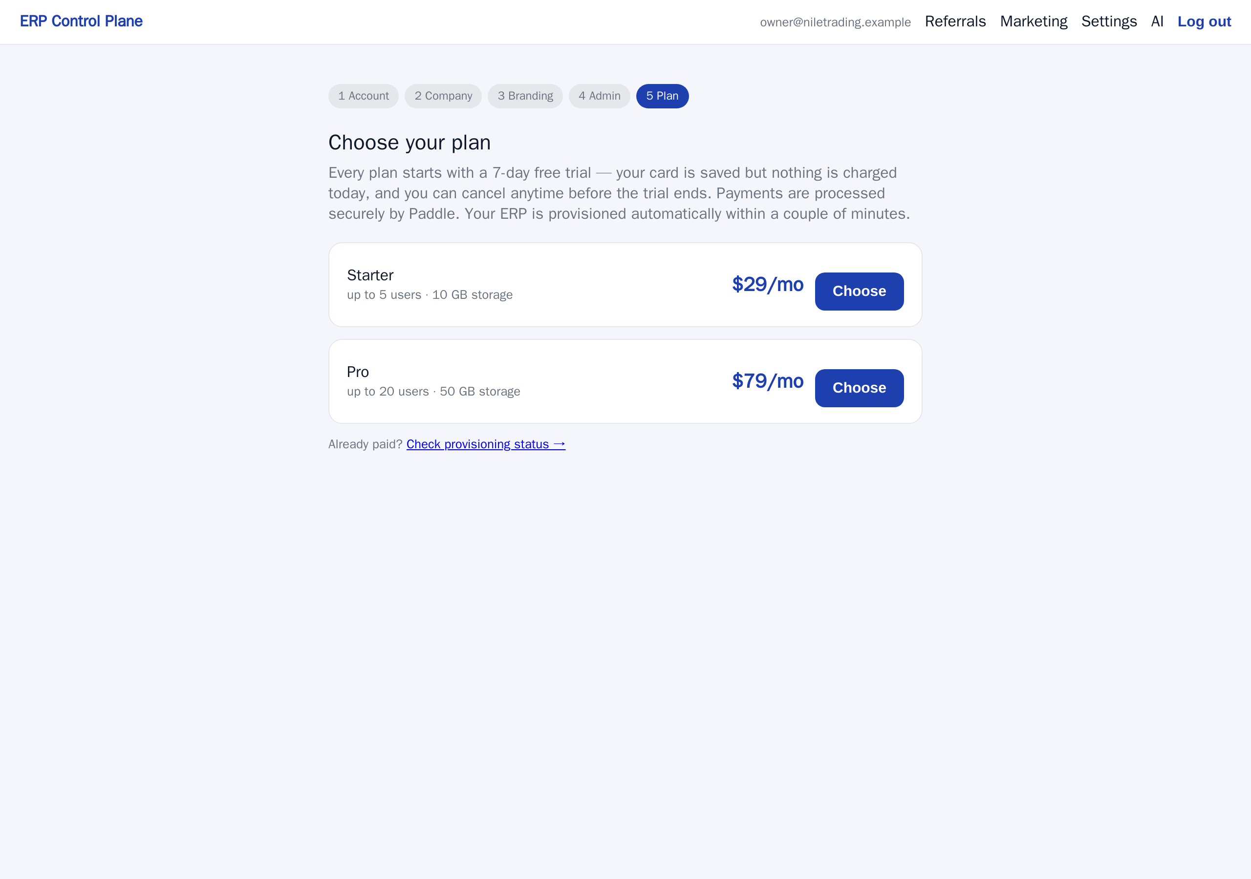 Choosing a plan at the end of the signup wizard. The trial starts when checkout completes.
