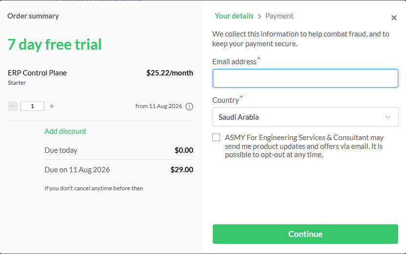 The Paddle payment window. Note the summary on the left: nothing due today, and the first charge dated 7 days later.