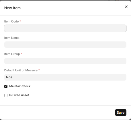 Creating an item: name, item group, unit of measure and default price.