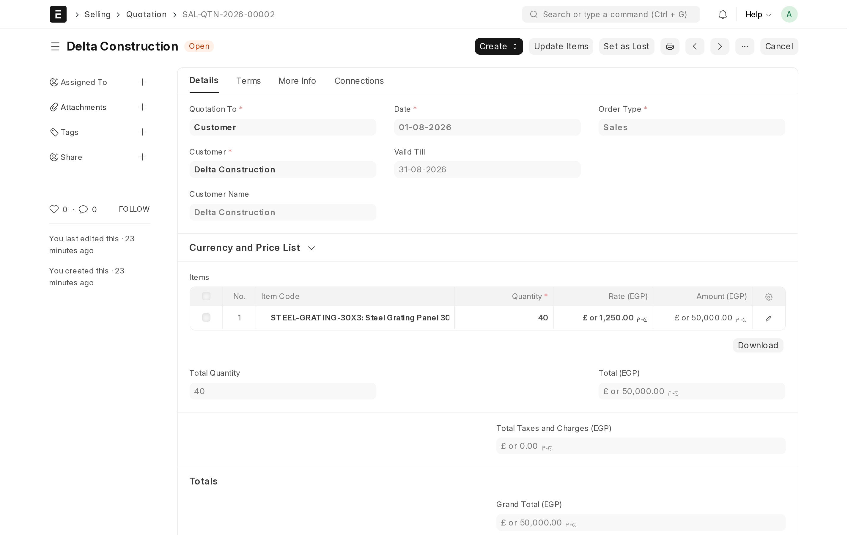 A quotation with the customer, item rows and totals.
