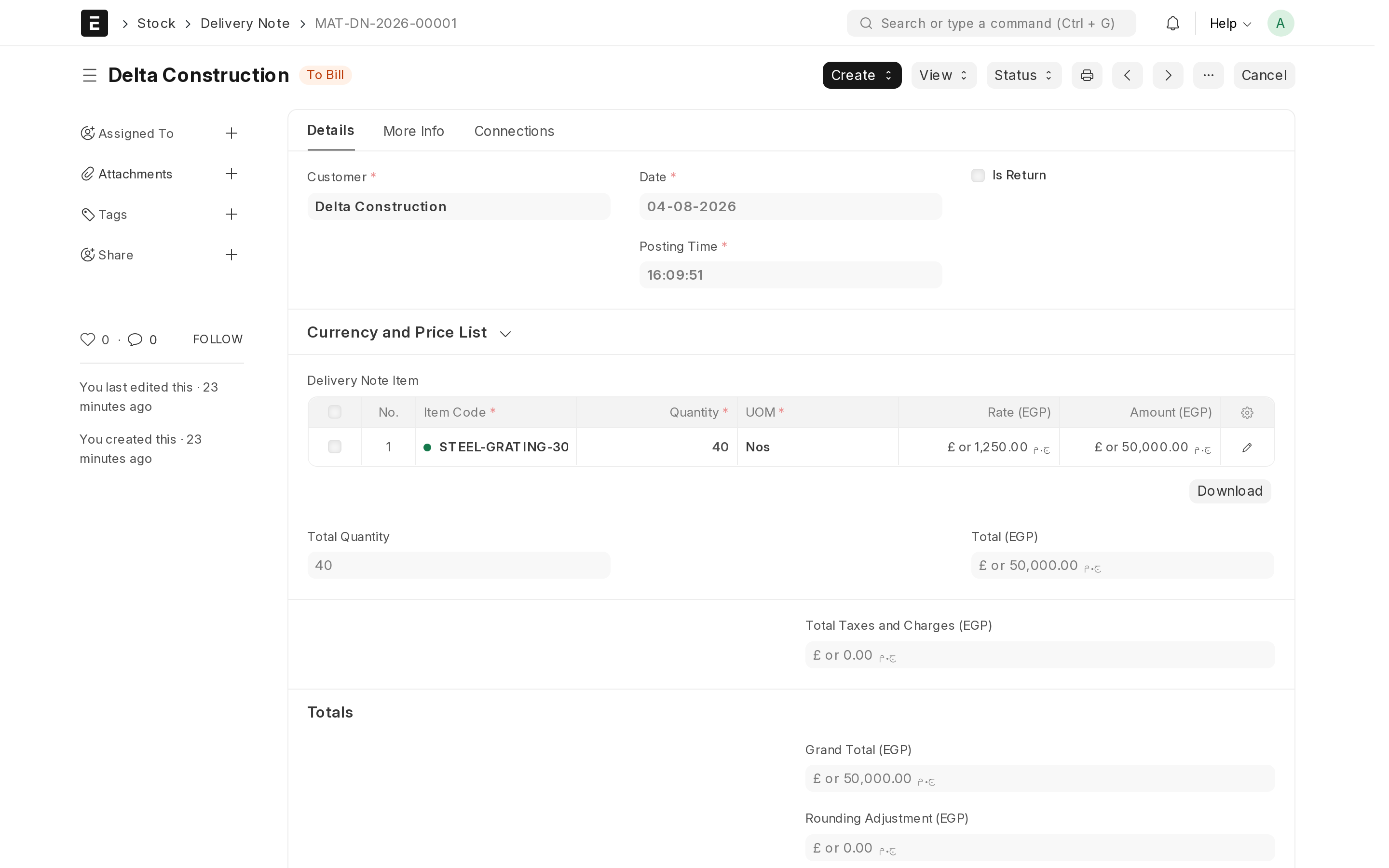 A delivery note created from a sales order; submitting it reduces stock.