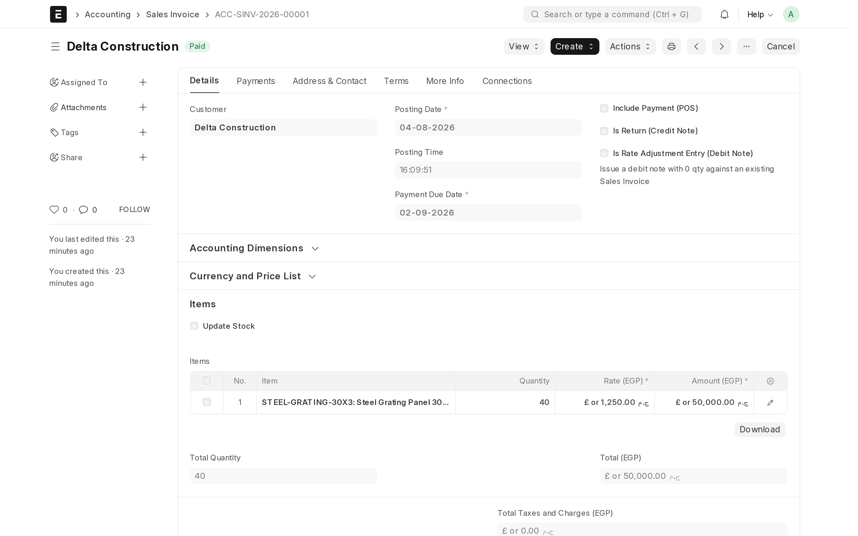 A submitted sales invoice showing the Paid status after the payment was recorded.