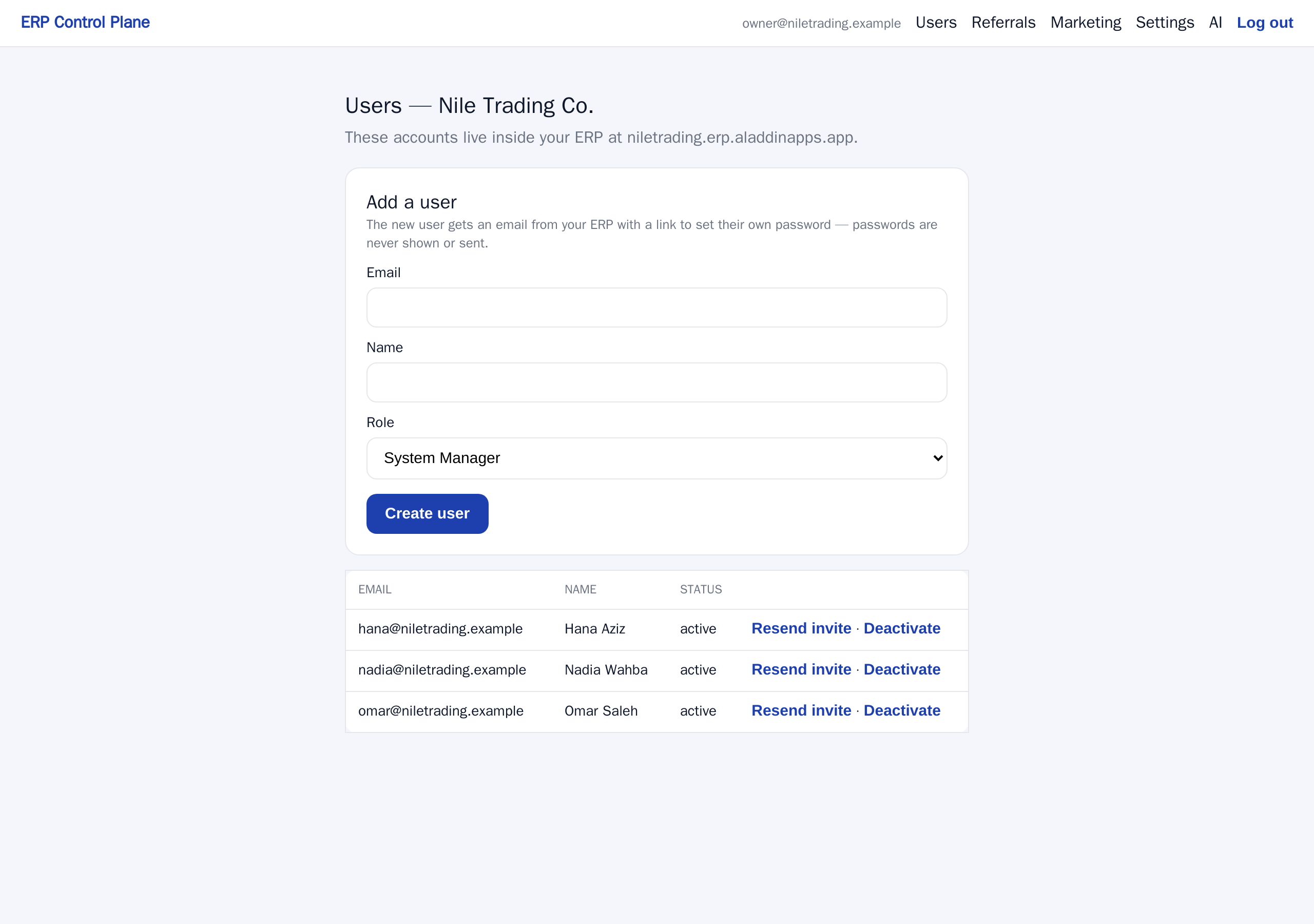The Users page in the control panel: email, name and one role, plus the list of people you have already added.