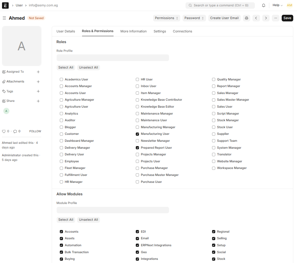 The Roles section on a person's record inside your ERP — tick the roles that match the job.