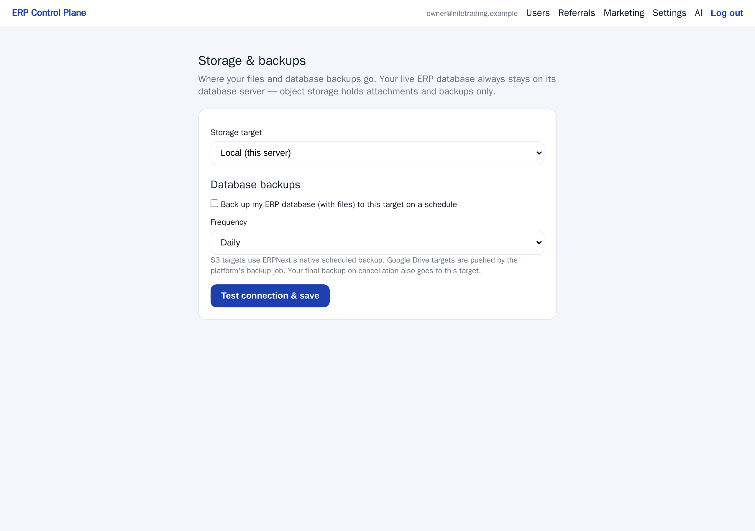 The Storage and backups page: pick a target, enter its credentials, then tick the scheduled backup.