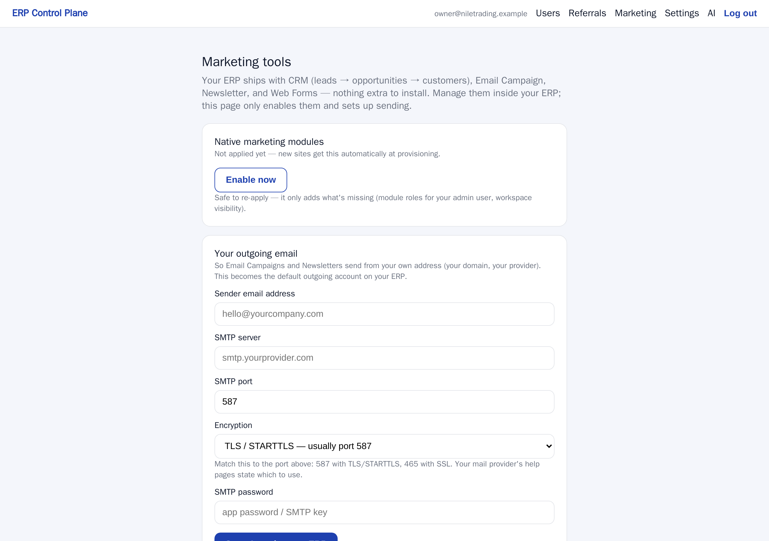 The Marketing page in the control panel: enable the native modules, then set up your outgoing email.