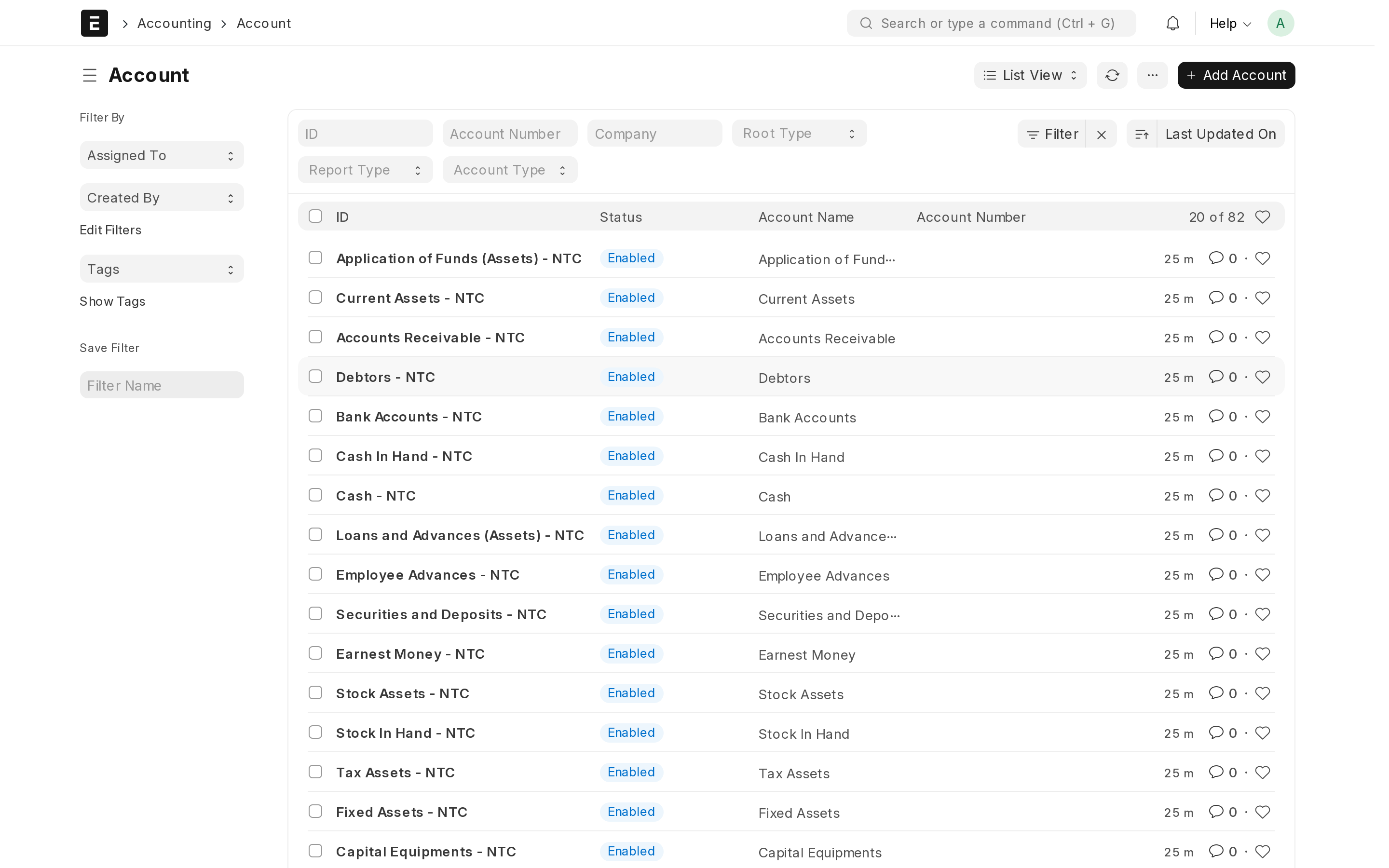The chart of accounts tree: groups in bold, ledger accounts beneath them.