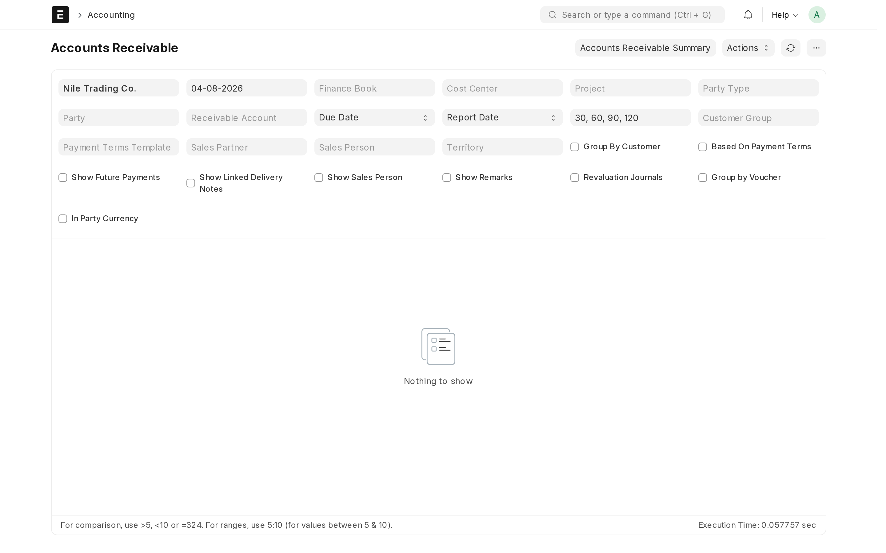 The Accounts Receivable report: unpaid invoices grouped by how overdue they are.