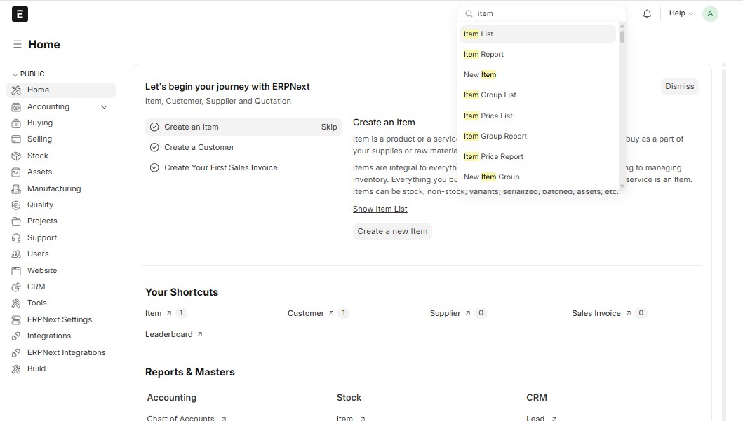 Typing into the search bar: records, reports and settings all appear as you type.