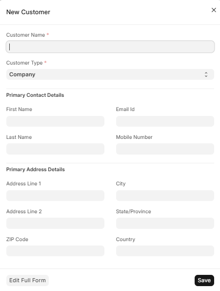 Creating a customer: name, customer group, territory and the commercial terms.