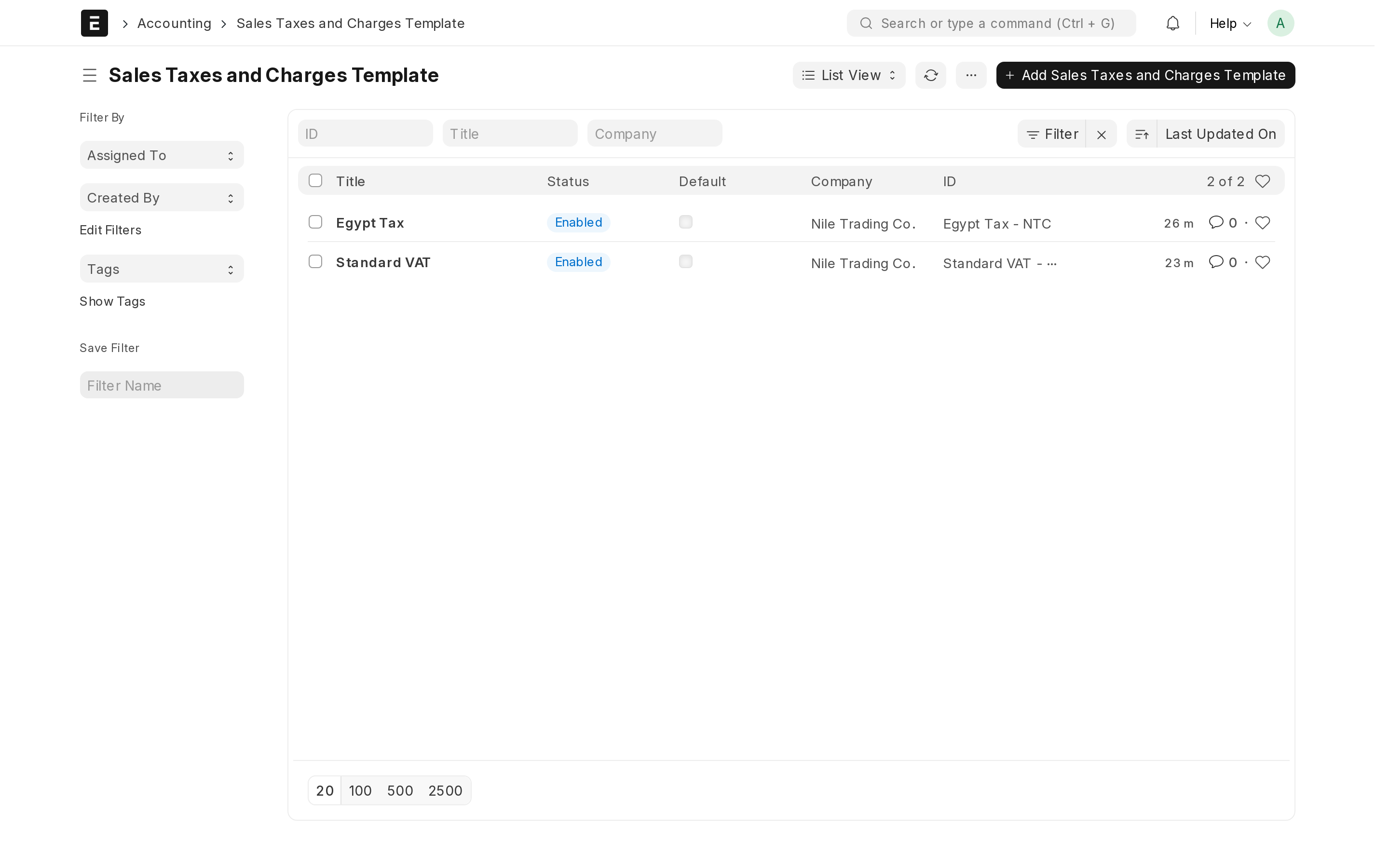 A sales taxes and charges template: account head, rate and description.