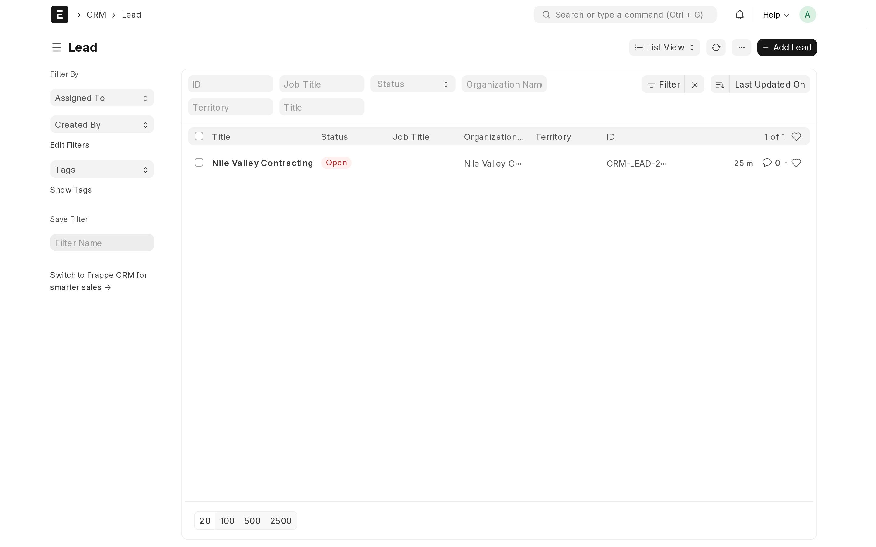 A lead in the CRM: contact details, status, and the Create button that moves it to the next stage.